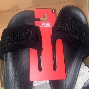 Vans Black Fuzzy Strap Slides